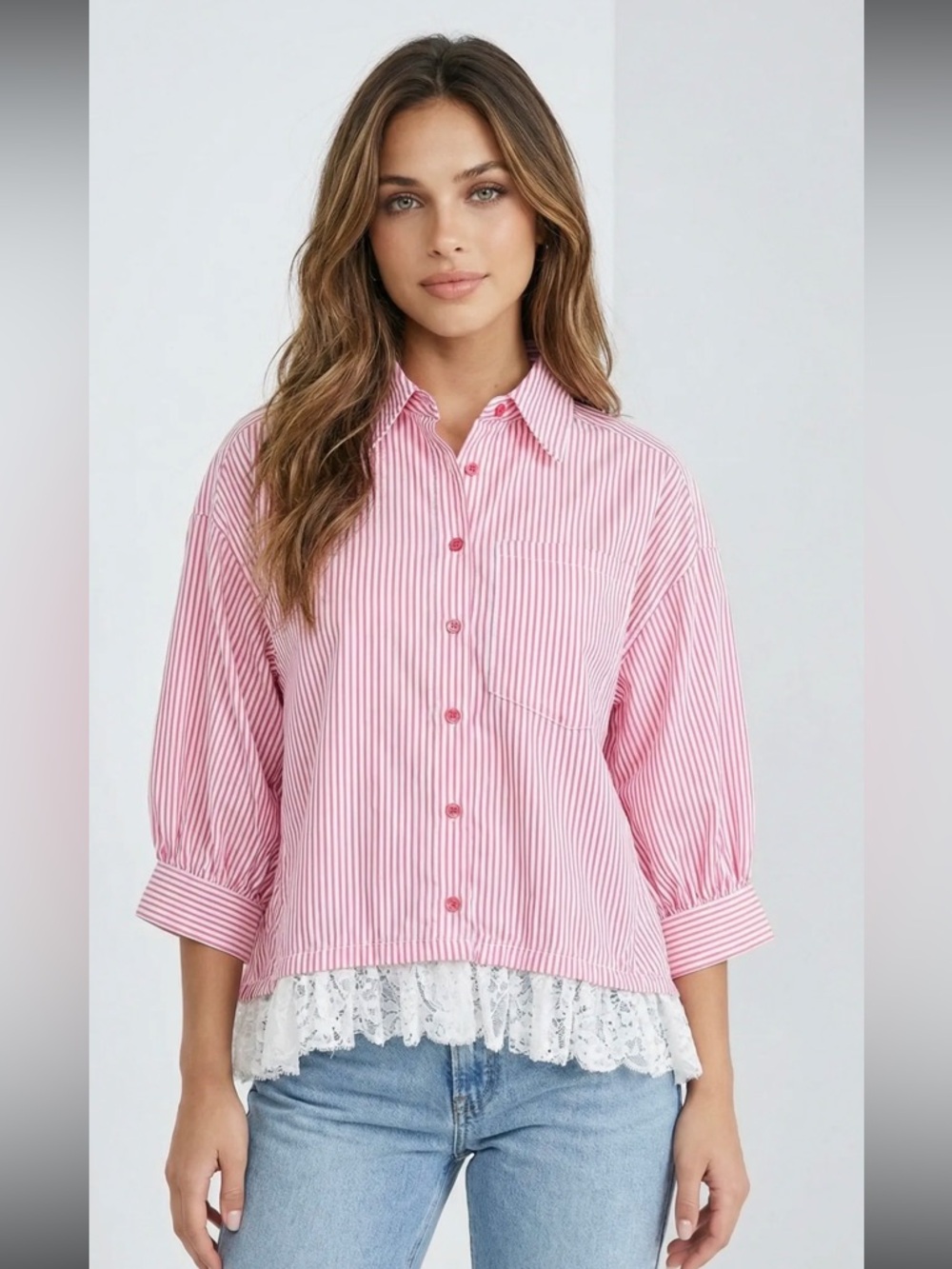 FROM PARIS FRANCE 🇫🇷 Pink Striped Button-Front Top with Lace Hem